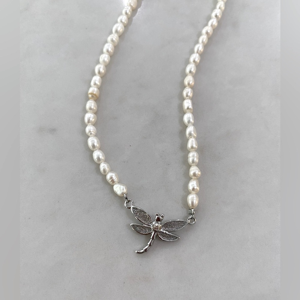 Cookie Lee Dragonfly and Freshwater Pearl Adjustable Signed Necklace